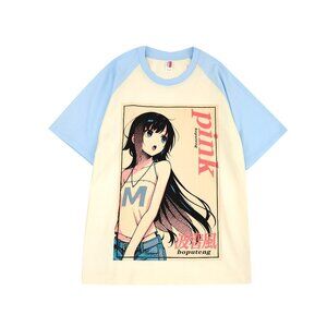 Anime Girl Graphic Tee Blue Sleeve Cotton Oversized T-Shirt Boputeng Japanese